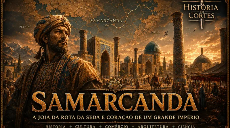 Capa ilustrada sobre Samarcanda, com arquitetura islâmica monumental, mercado da Rota da Seda, mapa da Ásia Central e logo História em Cortes.