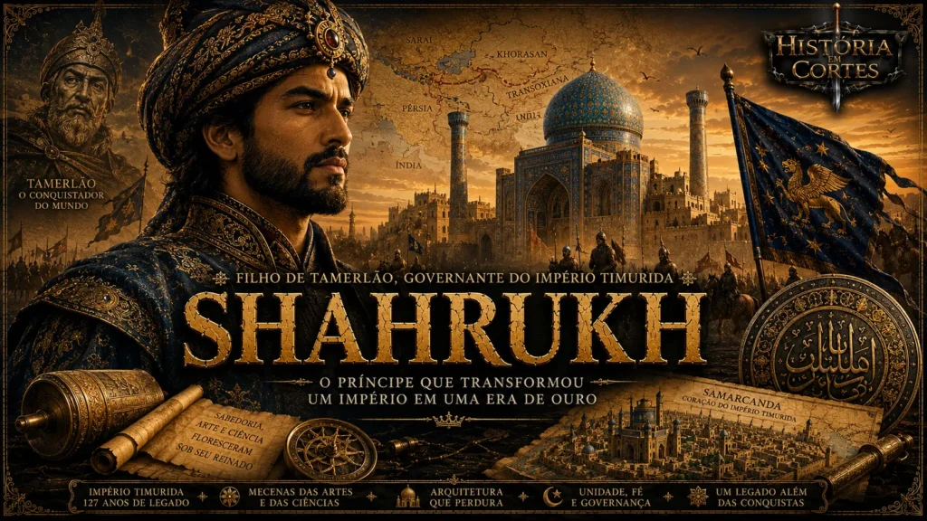 Ilustração histórica de Shahrukh, governante do Império Timúrida, diante de Samarcanda, com arquitetura islâmica monumental, mapa da Ásia Central e elementos culturais do período timúrida.