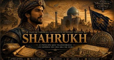Ilustração histórica de Shahrukh, governante do Império Timúrida, diante de Samarcanda, com arquitetura islâmica monumental, mapa da Ásia Central e elementos culturais do período timúrida.