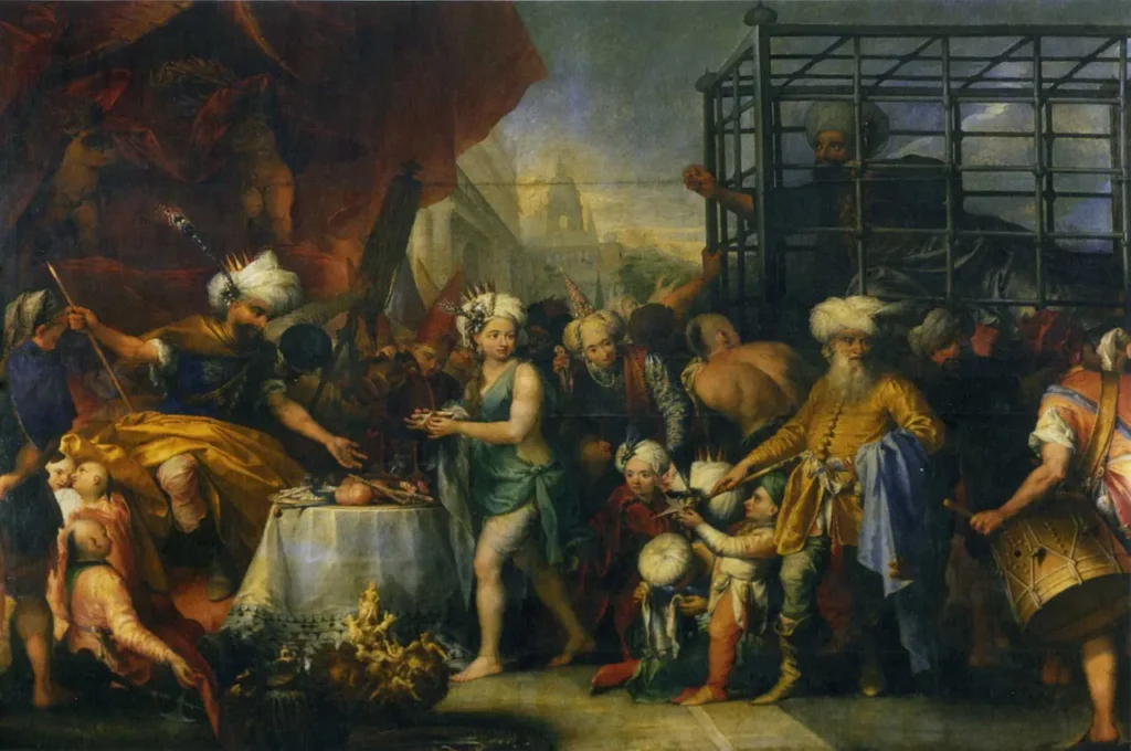 Pintura a óleo de Andrea Celesti retratando Tamerlão e o sultão Bajazet em uma gaiola.