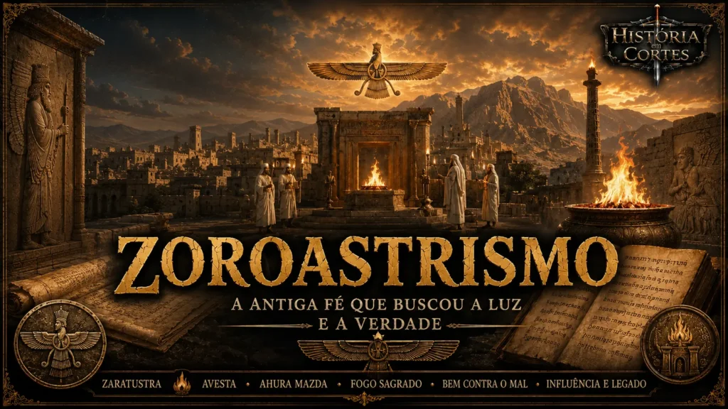 Templo do fogo zoroastrista com sacerdotes diante da chama sagrada, símbolo Faravahar ao centro e paisagem inspirada na antiga Pérsia.