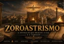Templo do fogo zoroastrista com sacerdotes diante da chama sagrada, símbolo Faravahar ao centro e paisagem inspirada na antiga Pérsia.