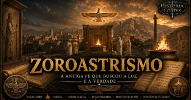 Templo do fogo zoroastrista com sacerdotes diante da chama sagrada, símbolo Faravahar ao centro e paisagem inspirada na antiga Pérsia.