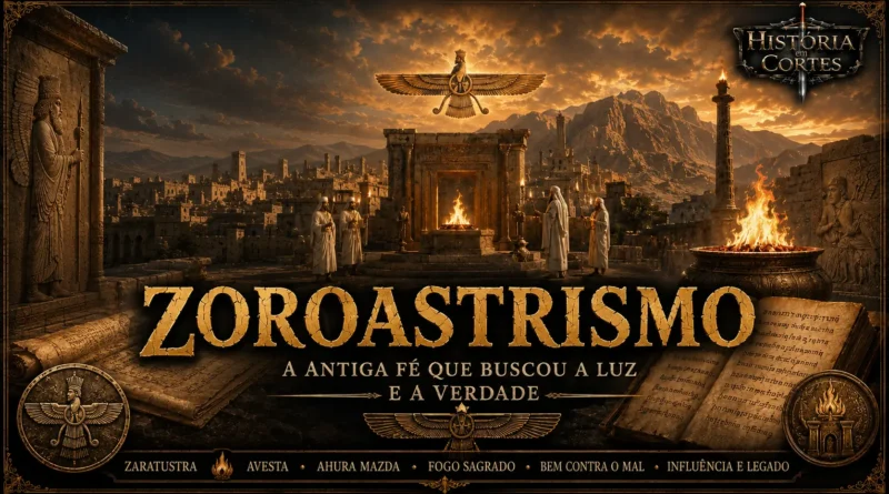 Templo do fogo zoroastrista com sacerdotes diante da chama sagrada, símbolo Faravahar ao centro e paisagem inspirada na antiga Pérsia.