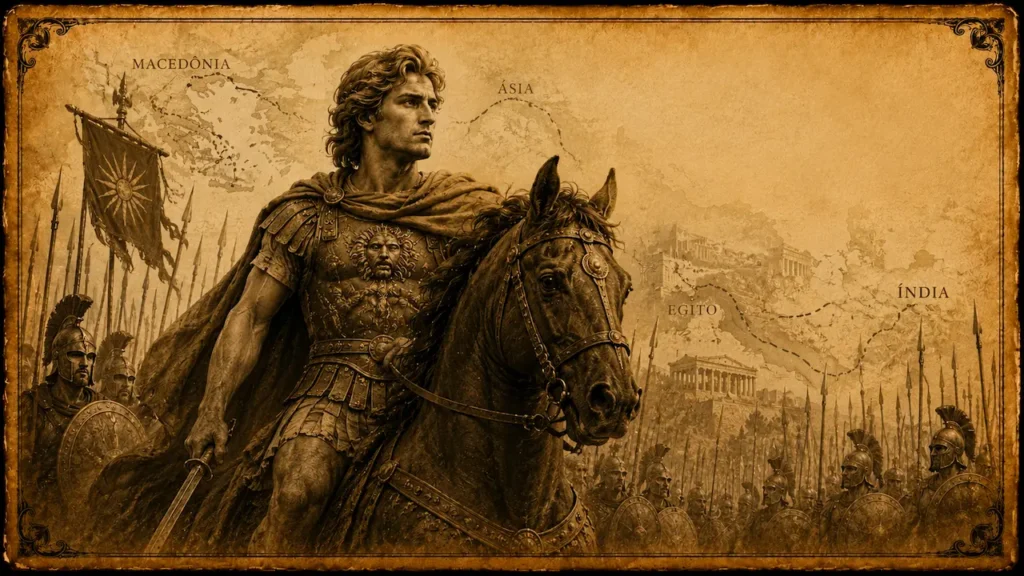 Ilustração de Alexandre, o Grande, montado a cavalo diante do exército macedônio, em estilo pergaminho envelhecido.