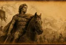 Ilustração de Alexandre, o Grande, montado a cavalo diante do exército macedônio, em estilo pergaminho envelhecido.