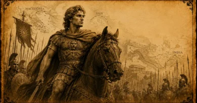 Ilustração de Alexandre, o Grande, montado a cavalo diante do exército macedônio, em estilo pergaminho envelhecido.