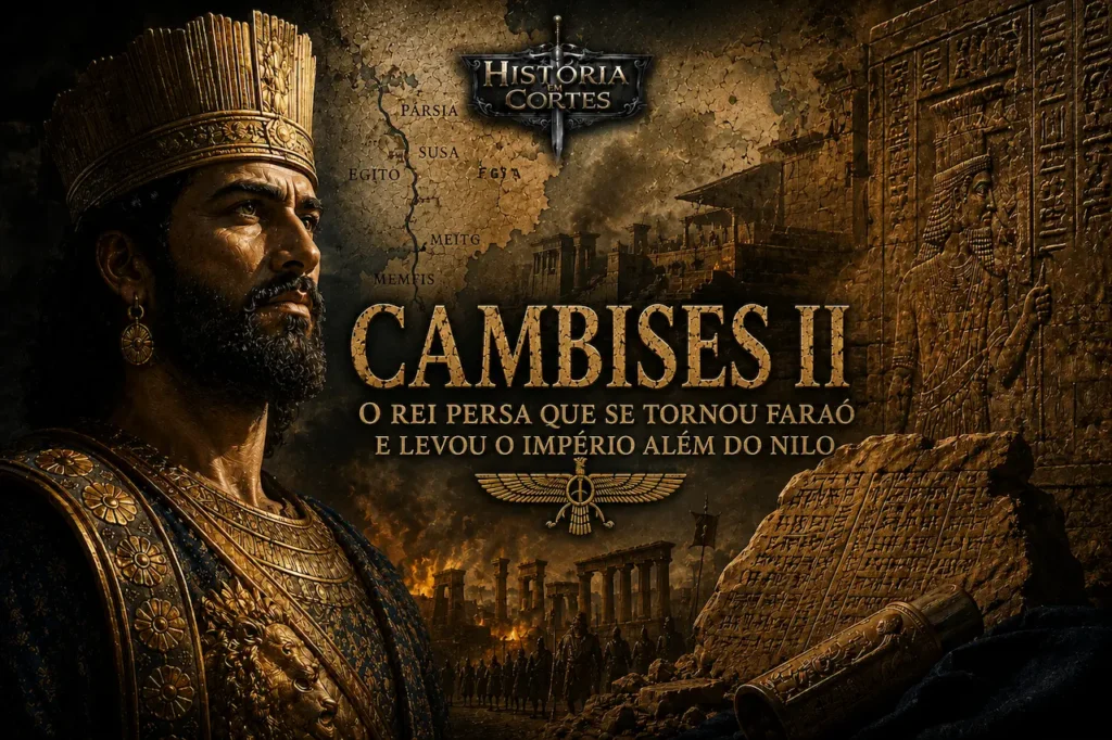 Ilustração histórica de Cambises II, rei do Império Persa, diante de monumentos do Egito conquistado. A composição mostra elementos persas e egípcios, simbolizando a conquista do Egito e a expansão aquemênida durante seu reinado.