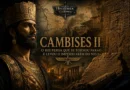 Ilustração histórica de Cambises II, rei do Império Persa, diante de monumentos do Egito conquistado. A composição mostra elementos persas e egípcios, simbolizando a conquista do Egito e a expansão aquemênida durante seu reinado.