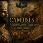 Cambises II: o conquistador do Egito e o rei que a história quis enlouquecer Ilustração histórica de Cambises II, rei do Império Persa, diante de monumentos do Egito conquistado. A composição mostra elementos persas e egípcios, simbolizando a conquista do Egito e a expansão aquemênida durante seu reinado.