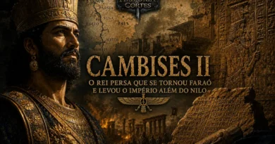 Ilustração histórica de Cambises II, rei do Império Persa, diante de monumentos do Egito conquistado. A composição mostra elementos persas e egípcios, simbolizando a conquista do Egito e a expansão aquemênida durante seu reinado.