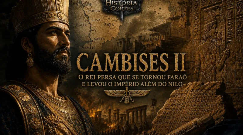 Ilustração histórica de Cambises II, rei do Império Persa, diante de monumentos do Egito conquistado. A composição mostra elementos persas e egípcios, simbolizando a conquista do Egito e a expansão aquemênida durante seu reinado.