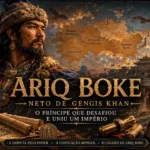 Representação de Ariq Boke, neto de Gêngis Khan, durante a guerra civil mongol contra Kublai Khan, com mapa do Império Mongol e acampamento das estepes ao fundo.