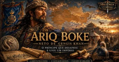 Representação de Ariq Boke, neto de Gêngis Khan, durante a guerra civil mongol contra Kublai Khan, com mapa do Império Mongol e acampamento das estepes ao fundo.