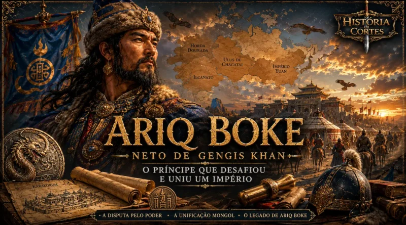 Representação de Ariq Boke, neto de Gêngis Khan, durante a guerra civil mongol contra Kublai Khan, com mapa do Império Mongol e acampamento das estepes ao fundo.