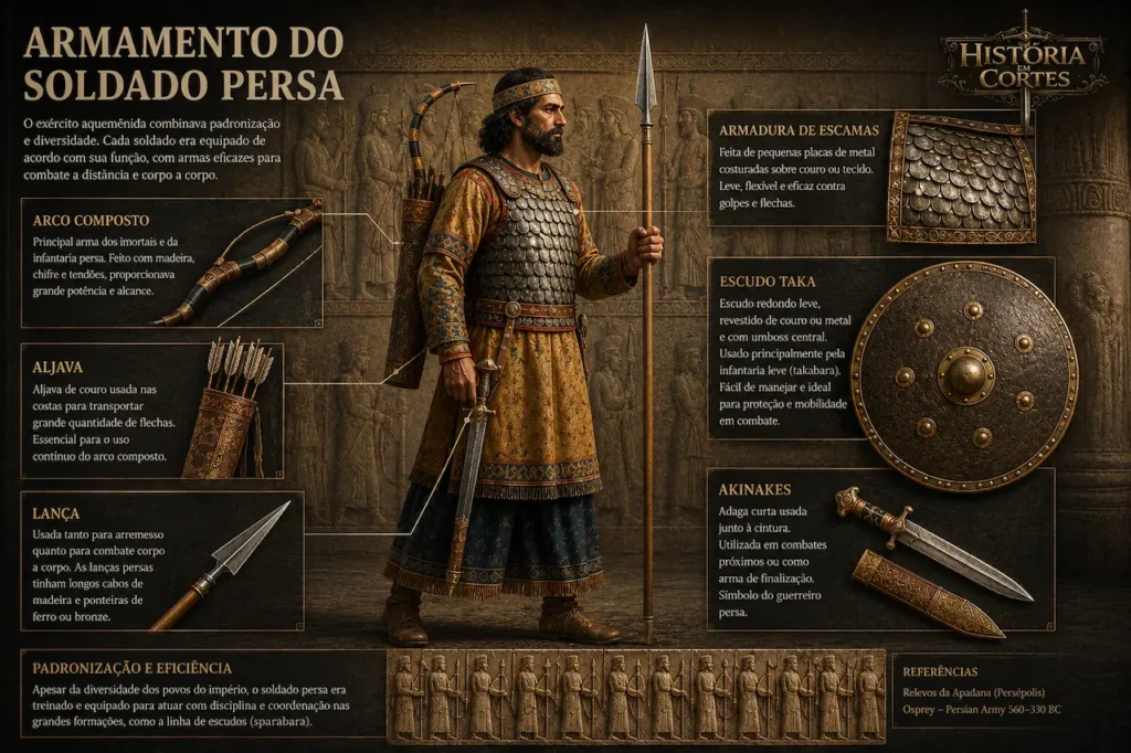 Infográfico mostrando o equipamento de um soldado persa aquemênida, incluindo arco composto, aljava, lança, akinakes, escudo taka e armadura de escamas.