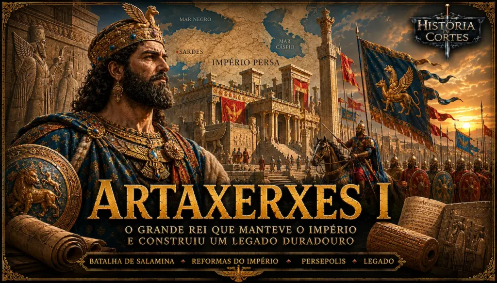 Representação de Artaxerxes I, rei do Império Aquemênida, diante de Persépolis e do exército persa, simbolizando a estabilidade e o auge do Império Persa no século V a.C.