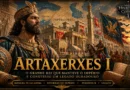 Representação de Artaxerxes I, rei do Império Aquemênida, diante de Persépolis e do exército persa, simbolizando a estabilidade e o auge do Império Persa no século V a.C.