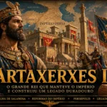 Representação de Artaxerxes I, rei do Império Aquemênida, diante de Persépolis e do exército persa, simbolizando a estabilidade e o auge do Império Persa no século V a.C.