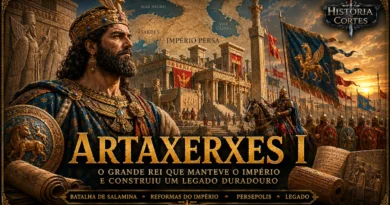 Representação de Artaxerxes I, rei do Império Aquemênida, diante de Persépolis e do exército persa, simbolizando a estabilidade e o auge do Império Persa no século V a.C.