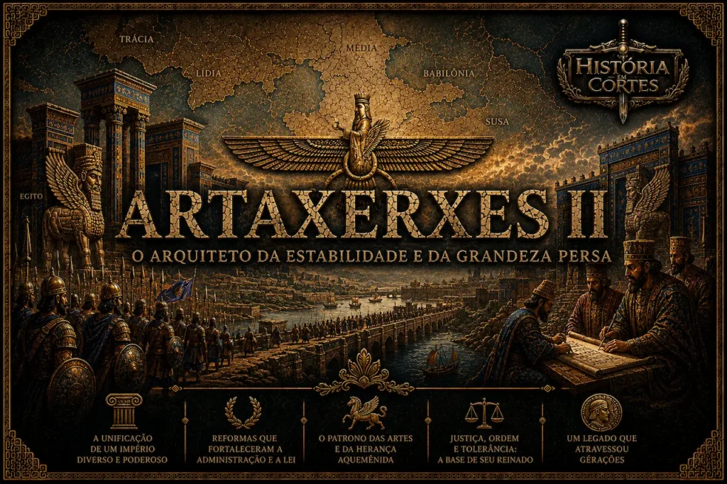 Ilustração de Artaxerxes II, rei do Império Aquemênida, com arquitetura persa monumental, símbolos imperiais e cenas administrativas representando a estabilidade e prosperidade de seu reinado.