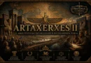 Ilustração de Artaxerxes II, rei do Império Aquemênida, com arquitetura persa monumental, símbolos imperiais e cenas administrativas representando a estabilidade e prosperidade de seu reinado.