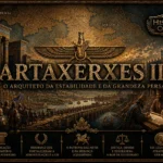 Ilustração de Artaxerxes II, rei do Império Aquemênida, com arquitetura persa monumental, símbolos imperiais e cenas administrativas representando a estabilidade e prosperidade de seu reinado.