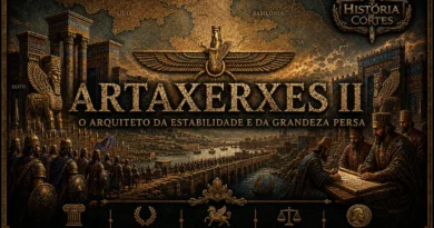 Ilustração de Artaxerxes II, rei do Império Aquemênida, com arquitetura persa monumental, símbolos imperiais e cenas administrativas representando a estabilidade e prosperidade de seu reinado.