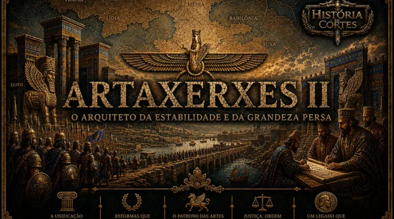 Ilustração de Artaxerxes II, rei do Império Aquemênida, com arquitetura persa monumental, símbolos imperiais e cenas administrativas representando a estabilidade e prosperidade de seu reinado.
