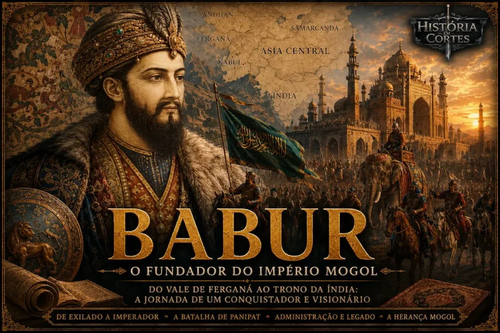 Ilustração histórica de Babur, fundador do Império Mogol, diante de um exército e de uma cidade monumental da Índia, representando a conquista que deu origem a um dos maiores impérios da história asiática.