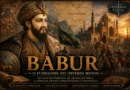 Ilustração histórica de Babur, fundador do Império Mogol, diante de um exército e de uma cidade monumental da Índia, representando a conquista que deu origem a um dos maiores impérios da história asiática.