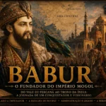 Ilustração histórica de Babur, fundador do Império Mogol, diante de um exército e de uma cidade monumental da Índia, representando a conquista que deu origem a um dos maiores impérios da história asiática.