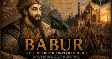 Ilustração histórica de Babur, fundador do Império Mogol, diante de um exército e de uma cidade monumental da Índia, representando a conquista que deu origem a um dos maiores impérios da história asiática.