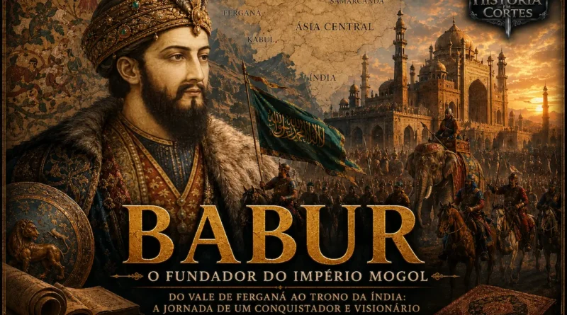 Ilustração histórica de Babur, fundador do Império Mogol, diante de um exército e de uma cidade monumental da Índia, representando a conquista que deu origem a um dos maiores impérios da história asiática.