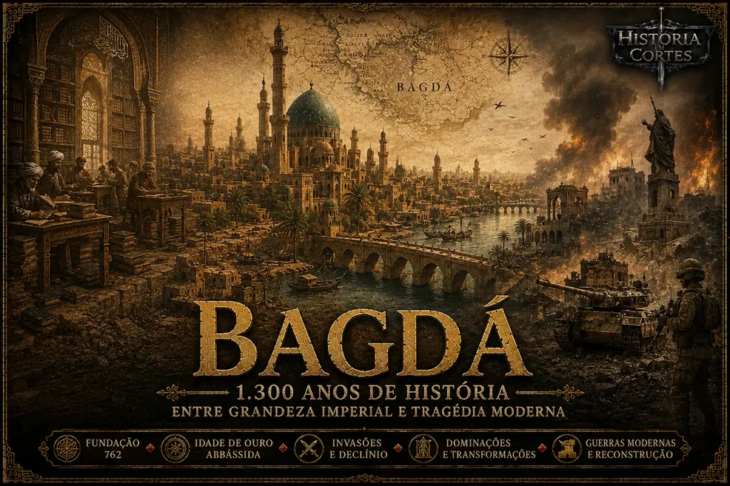Montagem histórica da cidade de Bagdá mostrando sua Idade de Ouro abássida, a Casa da Sabedoria, o rio Tigre, monumentos islâmicos e a destruição causada por guerras modernas ao longo de 1.300 anos de história.