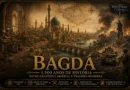 Montagem histórica da cidade de Bagdá mostrando sua Idade de Ouro abássida, a Casa da Sabedoria, o rio Tigre, monumentos islâmicos e a destruição causada por guerras modernas ao longo de 1.300 anos de história.