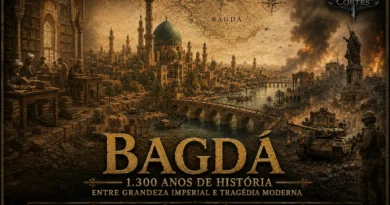 Montagem histórica da cidade de Bagdá mostrando sua Idade de Ouro abássida, a Casa da Sabedoria, o rio Tigre, monumentos islâmicos e a destruição causada por guerras modernas ao longo de 1.300 anos de história.
