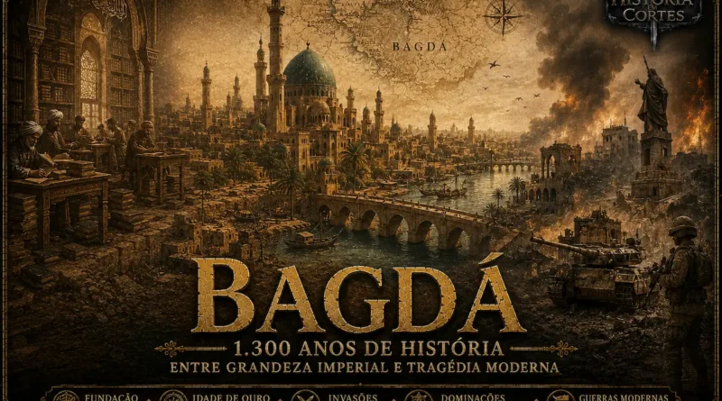 Montagem histórica da cidade de Bagdá mostrando sua Idade de Ouro abássida, a Casa da Sabedoria, o rio Tigre, monumentos islâmicos e a destruição causada por guerras modernas ao longo de 1.300 anos de história.
