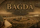 Ilustração editorial de Bagdá durante o período Abássida, retratando a grandiosidade da capital islâmica em seu auge. A composição apresenta uma vista panorâmica da cidade às margens do rio Tigre, destacando sua arquitetura monumental, centros de conhecimento e elementos ligados à ciência e à cultura, como manuscritos e instrumentos astronômicos. A arte utiliza textura envelhecida e tons dourados inspirados no estilo visual do História em Cortes.