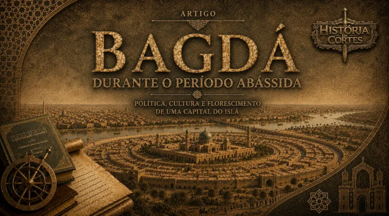 Ilustração editorial de Bagdá durante o período Abássida, retratando a grandiosidade da capital islâmica em seu auge. A composição apresenta uma vista panorâmica da cidade às margens do rio Tigre, destacando sua arquitetura monumental, centros de conhecimento e elementos ligados à ciência e à cultura, como manuscritos e instrumentos astronômicos. A arte utiliza textura envelhecida e tons dourados inspirados no estilo visual do História em Cortes.