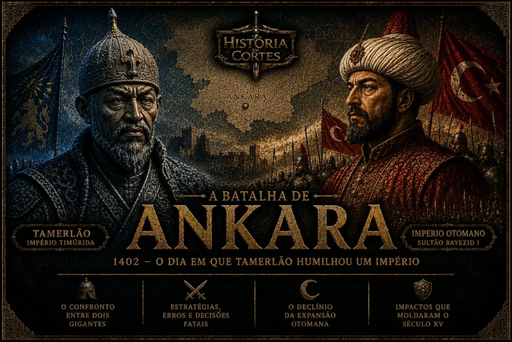 Capa do artigo sobre a Batalha de Ankara, em 1402, mostrando Tamerlão e o sultão otomano Bayezid I diante de seus exércitos.