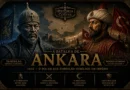 Capa do artigo sobre a Batalha de Ankara, em 1402, mostrando Tamerlão e o sultão otomano Bayezid I diante de seus exércitos.