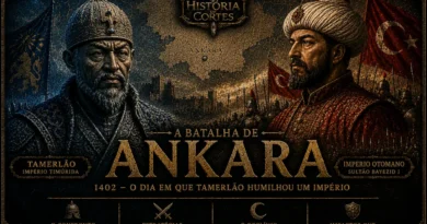 Capa do artigo sobre a Batalha de Ankara, em 1402, mostrando Tamerlão e o sultão otomano Bayezid I diante de seus exércitos.