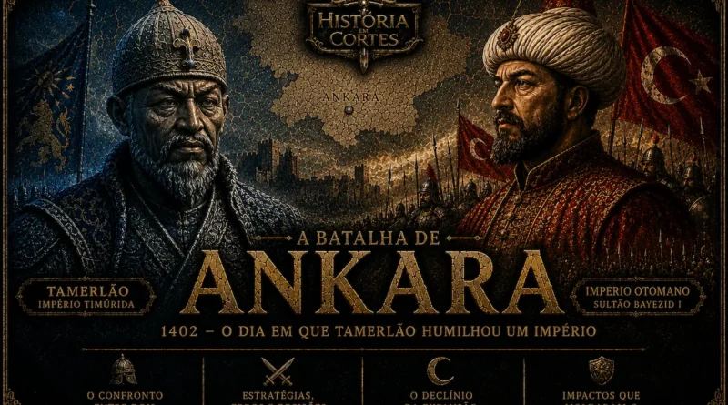Capa do artigo sobre a Batalha de Ankara, em 1402, mostrando Tamerlão e o sultão otomano Bayezid I diante de seus exércitos.