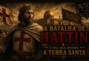 Ilustração da Batalha de Hattin em 1187, mostrando o exército cruzado enfrentando as tropas de Saladino. A batalha marcou a derrota decisiva do Reino de Jerusalém e precedeu a conquista da Cidade Santa.