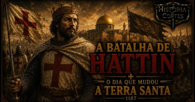 Ilustração da Batalha de Hattin em 1187, mostrando o exército cruzado enfrentando as tropas de Saladino. A batalha marcou a derrota decisiva do Reino de Jerusalém e precedeu a conquista da Cidade Santa.