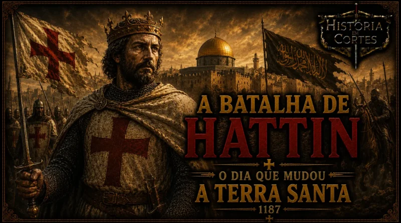 Ilustração da Batalha de Hattin em 1187, mostrando o exército cruzado enfrentando as tropas de Saladino. A batalha marcou a derrota decisiva do Reino de Jerusalém e precedeu a conquista da Cidade Santa.