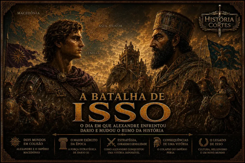 Ilustração da Batalha de Isso mostrando Alexandre, o Grande, enfrentando o rei persa Dario III em um dos confrontos mais importantes da Antiguidade, ocorrido em 333 a.C.
