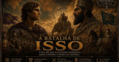 Ilustração da Batalha de Isso mostrando Alexandre, o Grande, enfrentando o rei persa Dario III em um dos confrontos mais importantes da Antiguidade, ocorrido em 333 a.C.