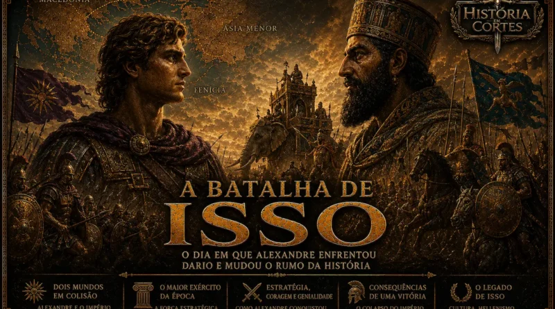 Ilustração da Batalha de Isso mostrando Alexandre, o Grande, enfrentando o rei persa Dario III em um dos confrontos mais importantes da Antiguidade, ocorrido em 333 a.C.